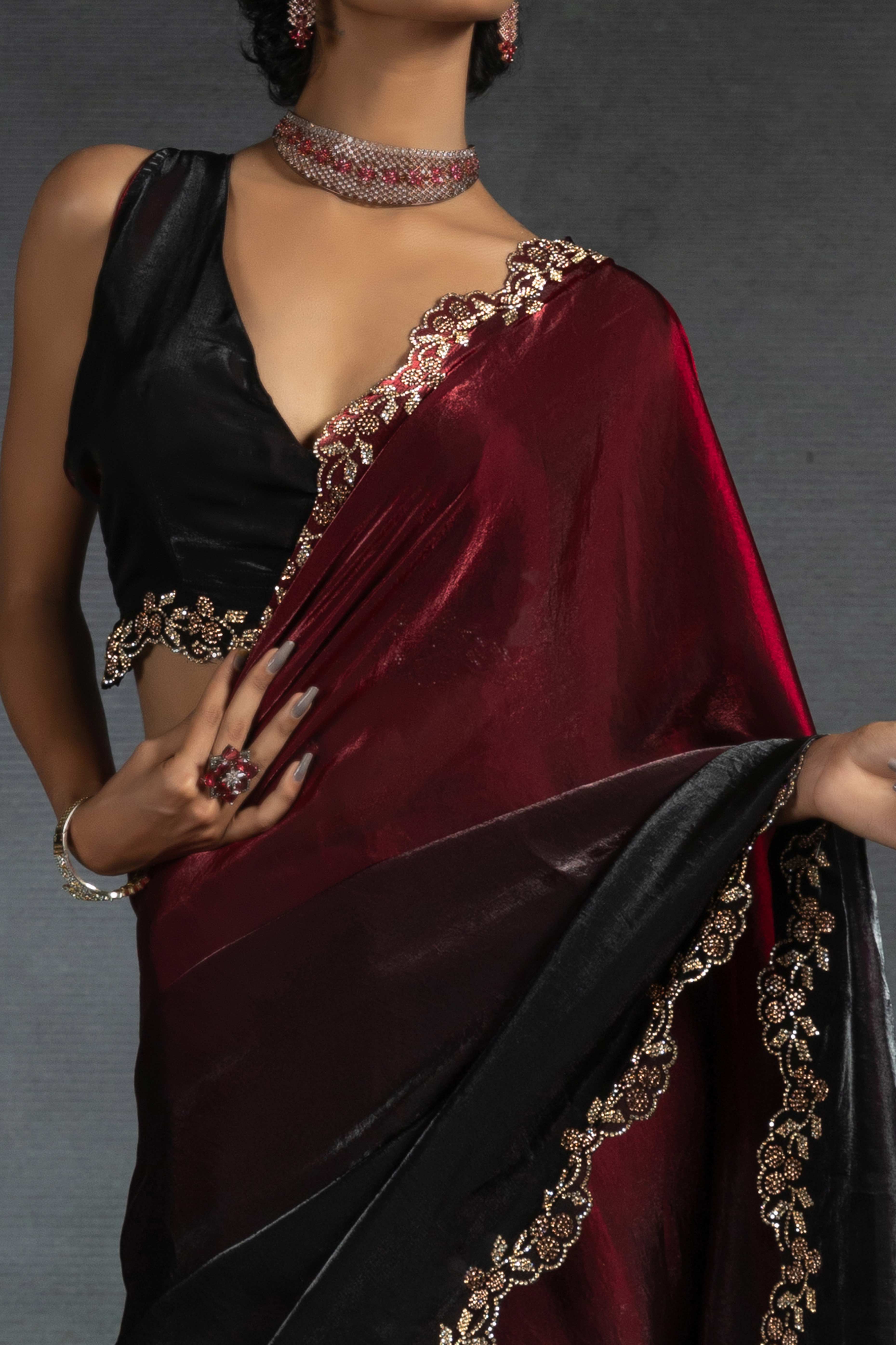 Cherry Red Satin Silk Two Tone Saree with Intricate Zarkan Embellishments