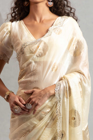 Designer Ivory White Satin Silk Embellished Saree with Alluring Stone Work