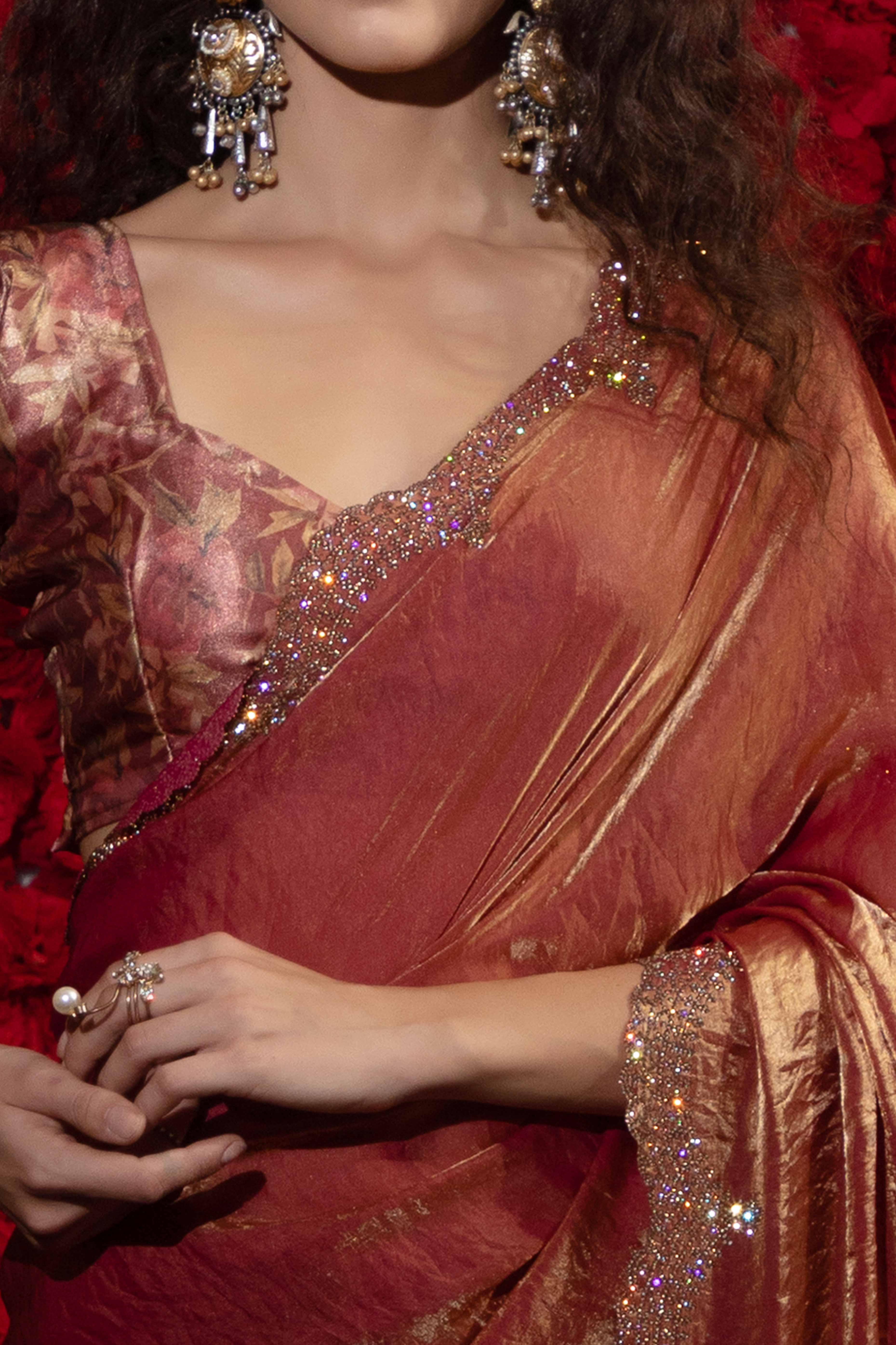 Crushed Satin Silk Embellished Saree in Rust with Sparkling Stone Work