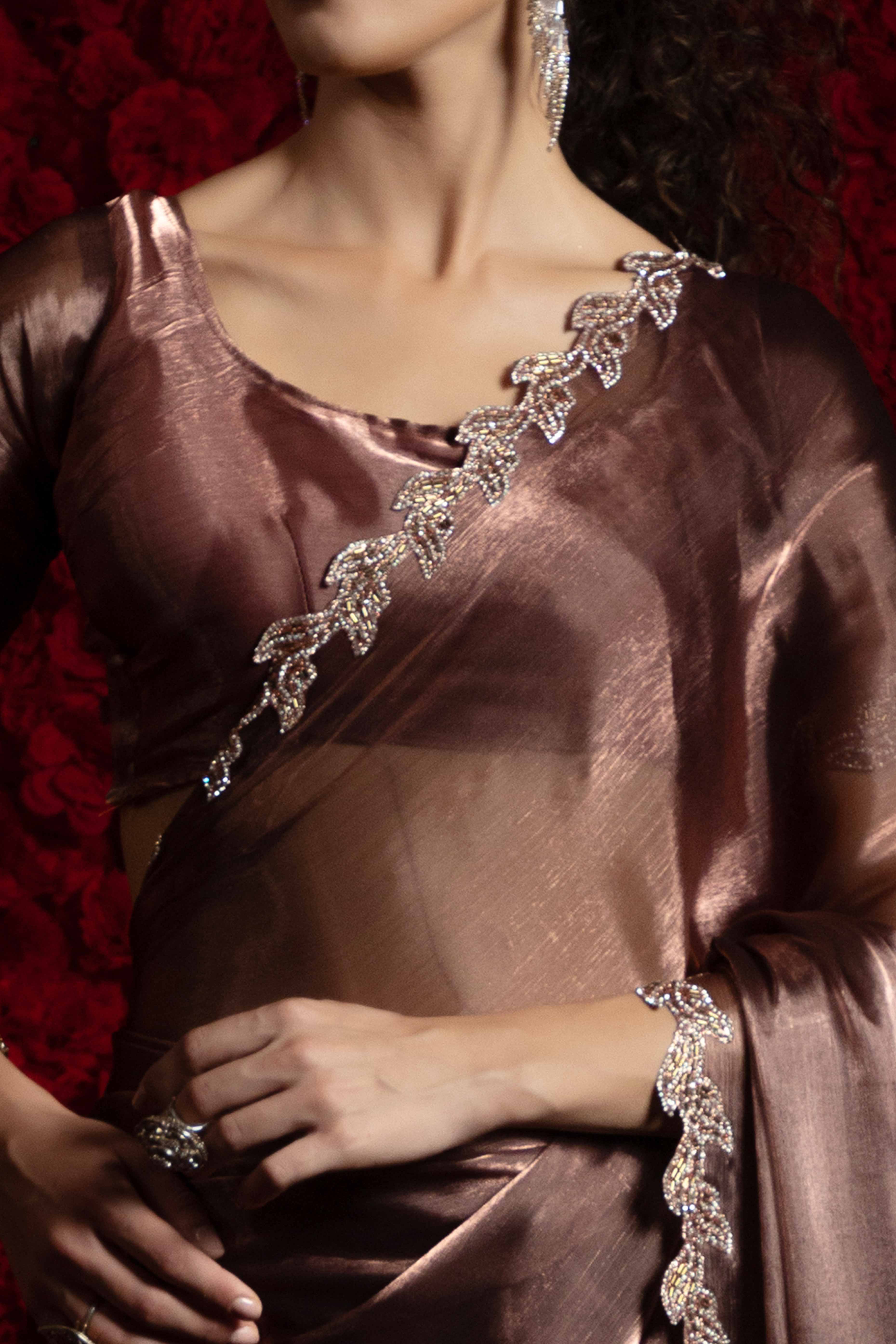 Brown Party Wear Saree Stone Embellished Tissue Chiffon Fabric