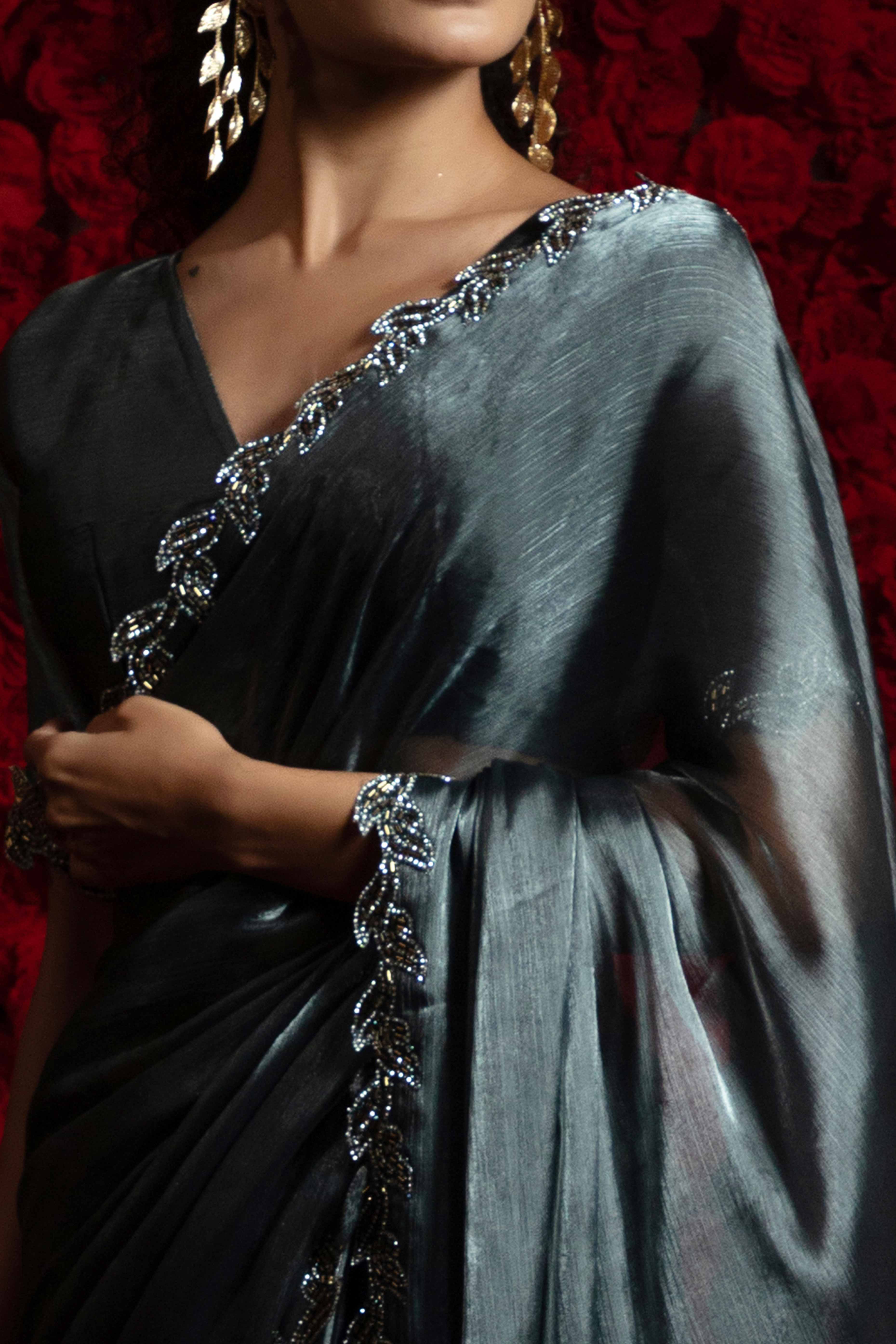 Charcoal Grey Party Wear Saree Stone Embellished Tissue Chiffon Fabric