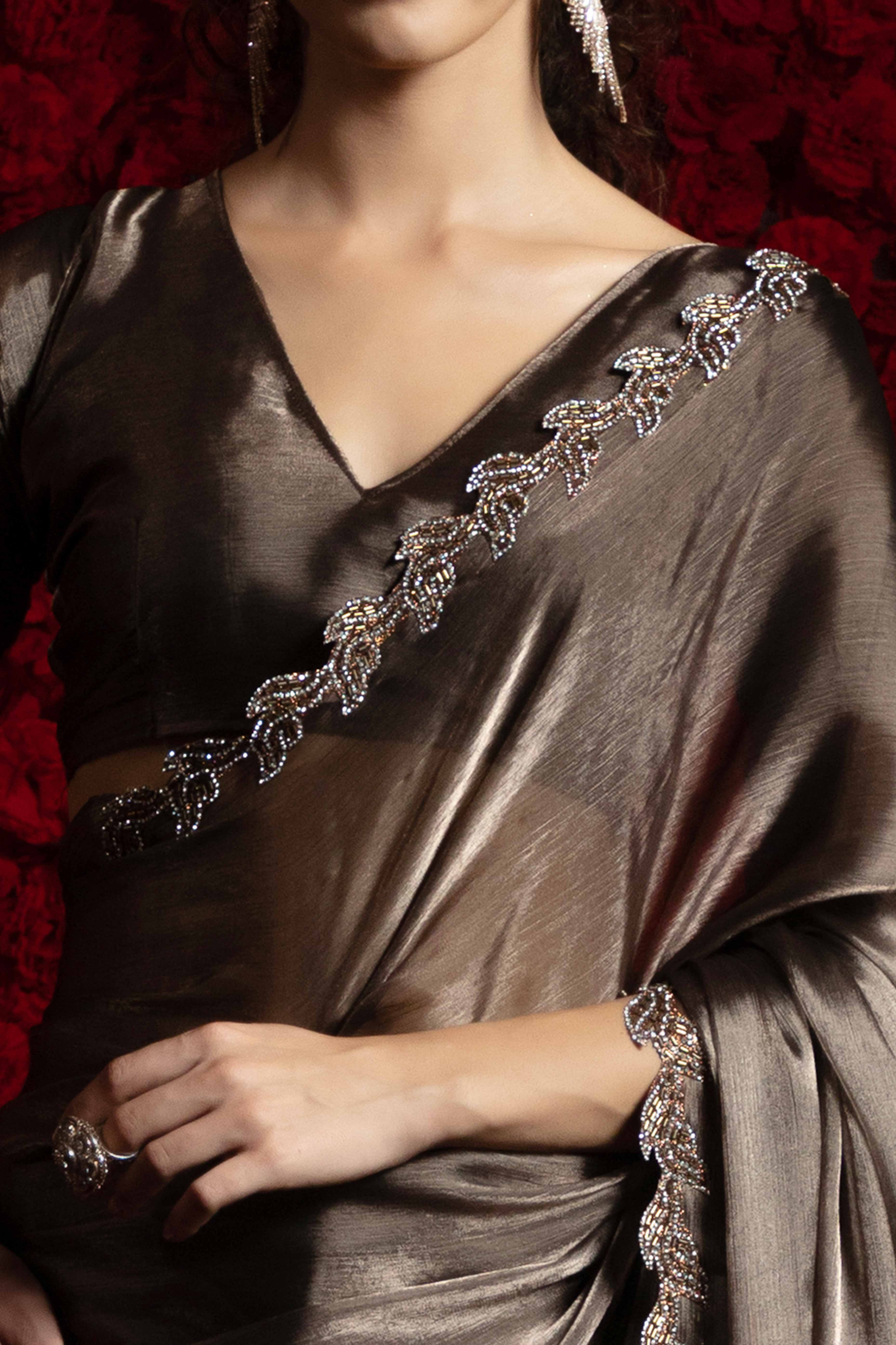 Bronze Brown Party Wear Saree Stone Embellished Tissue Chiffon Fabric