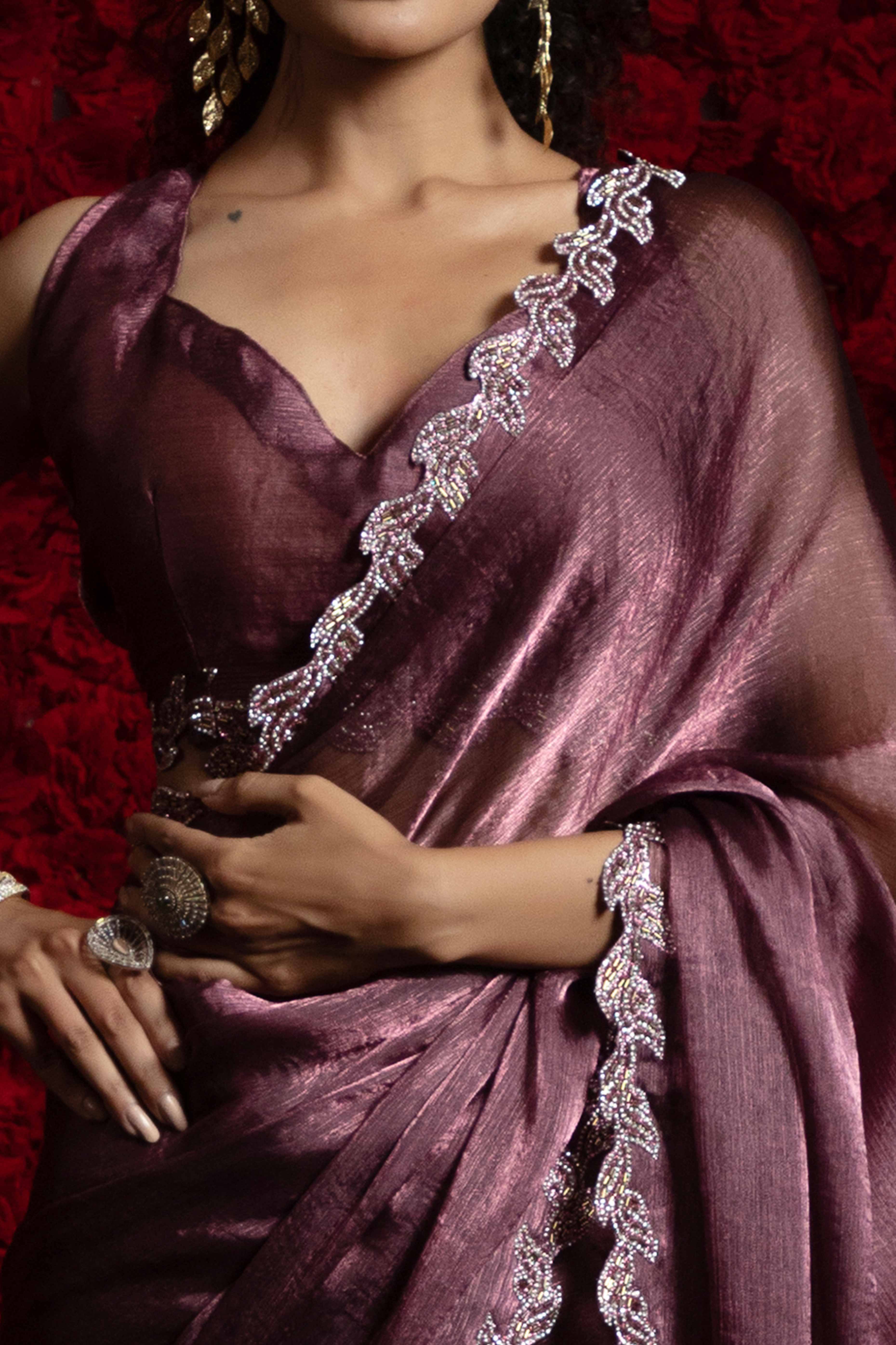 Wine Party Wear Saree Stone Embellished Tissue Chiffon Fabric