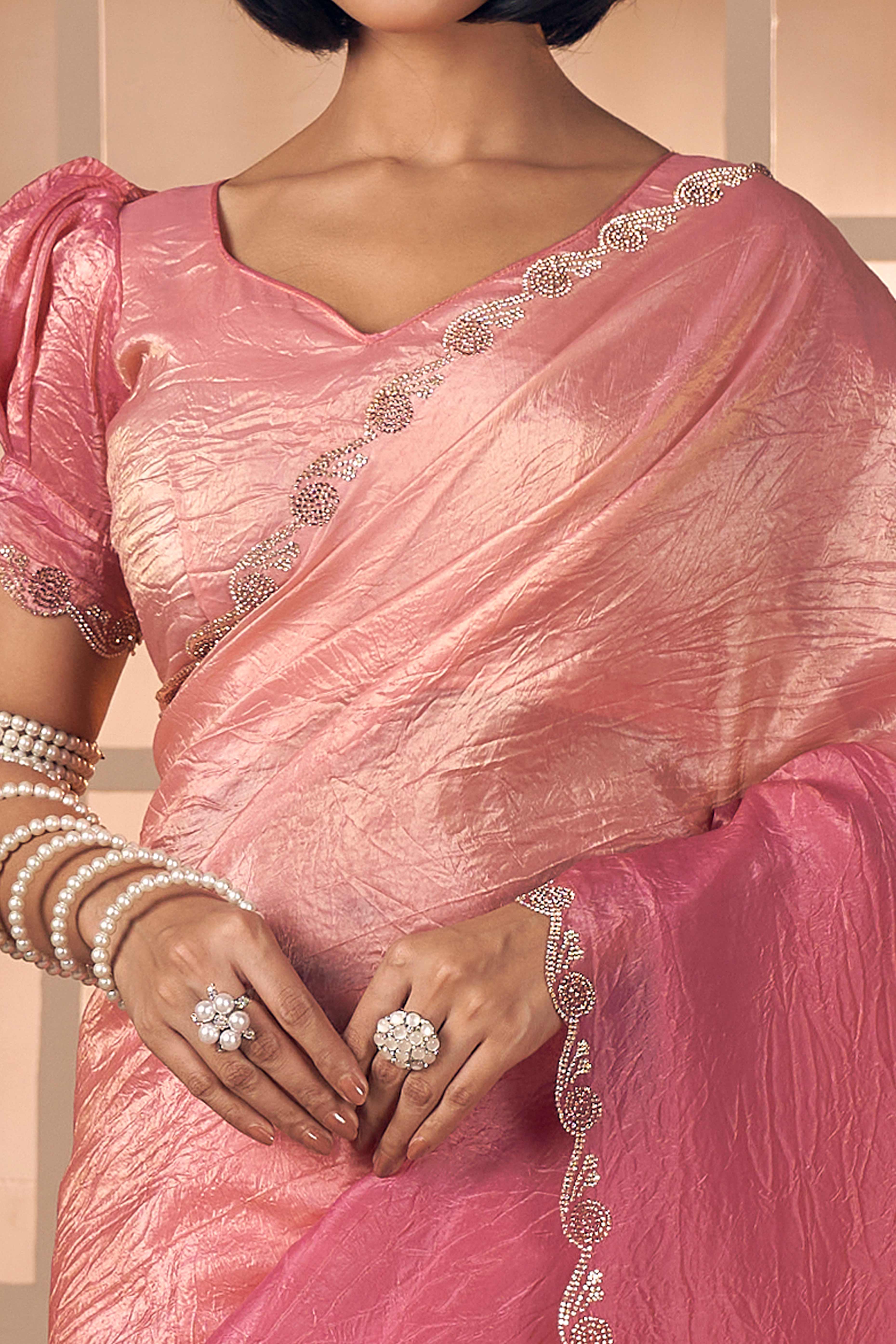 Elegant Pastel Pink Pure Silk Saree Enhanced With Premium Zarkan Cutwork Embellishment