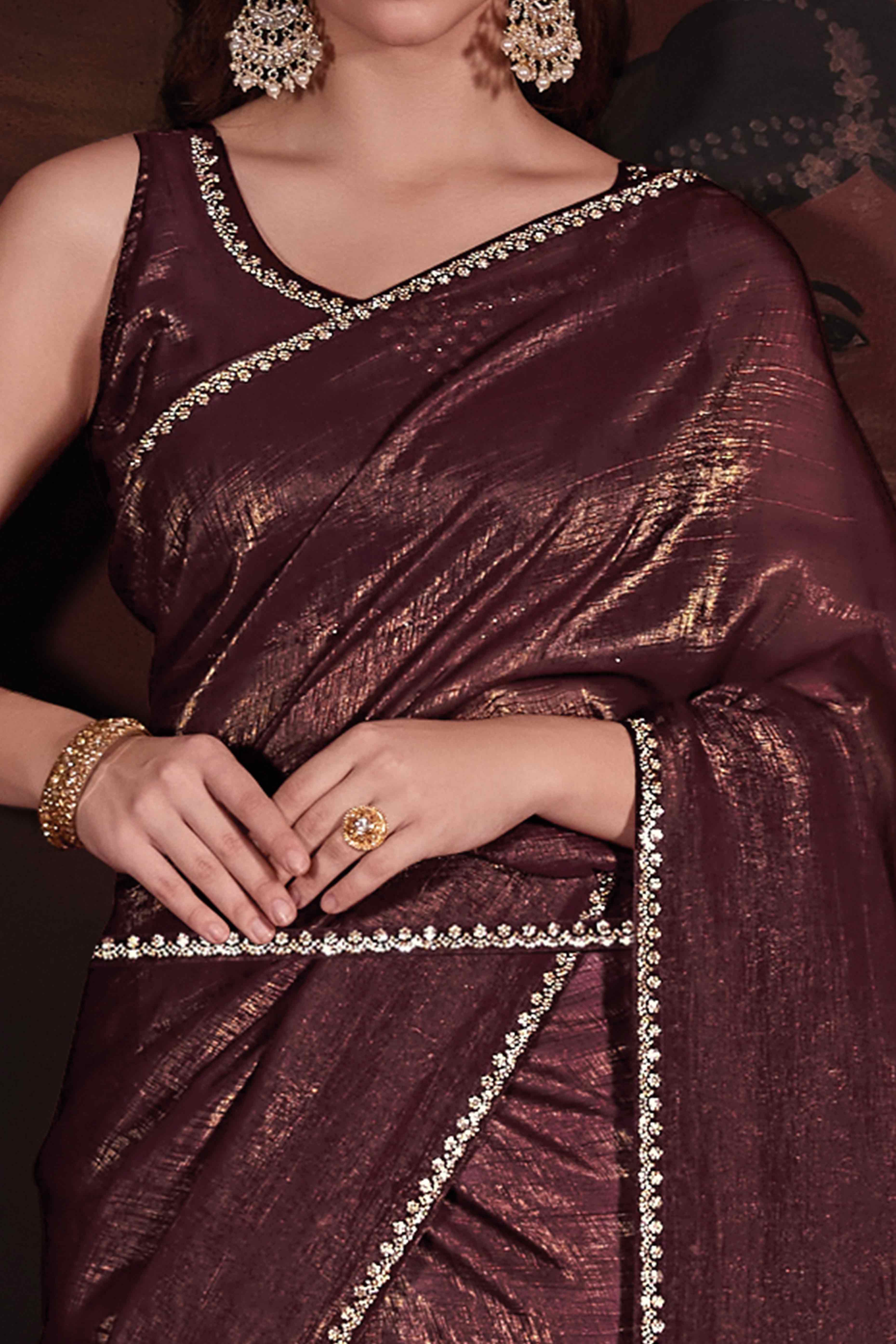Brown Solid With Zarkan Border Art Silk Saree With Belt