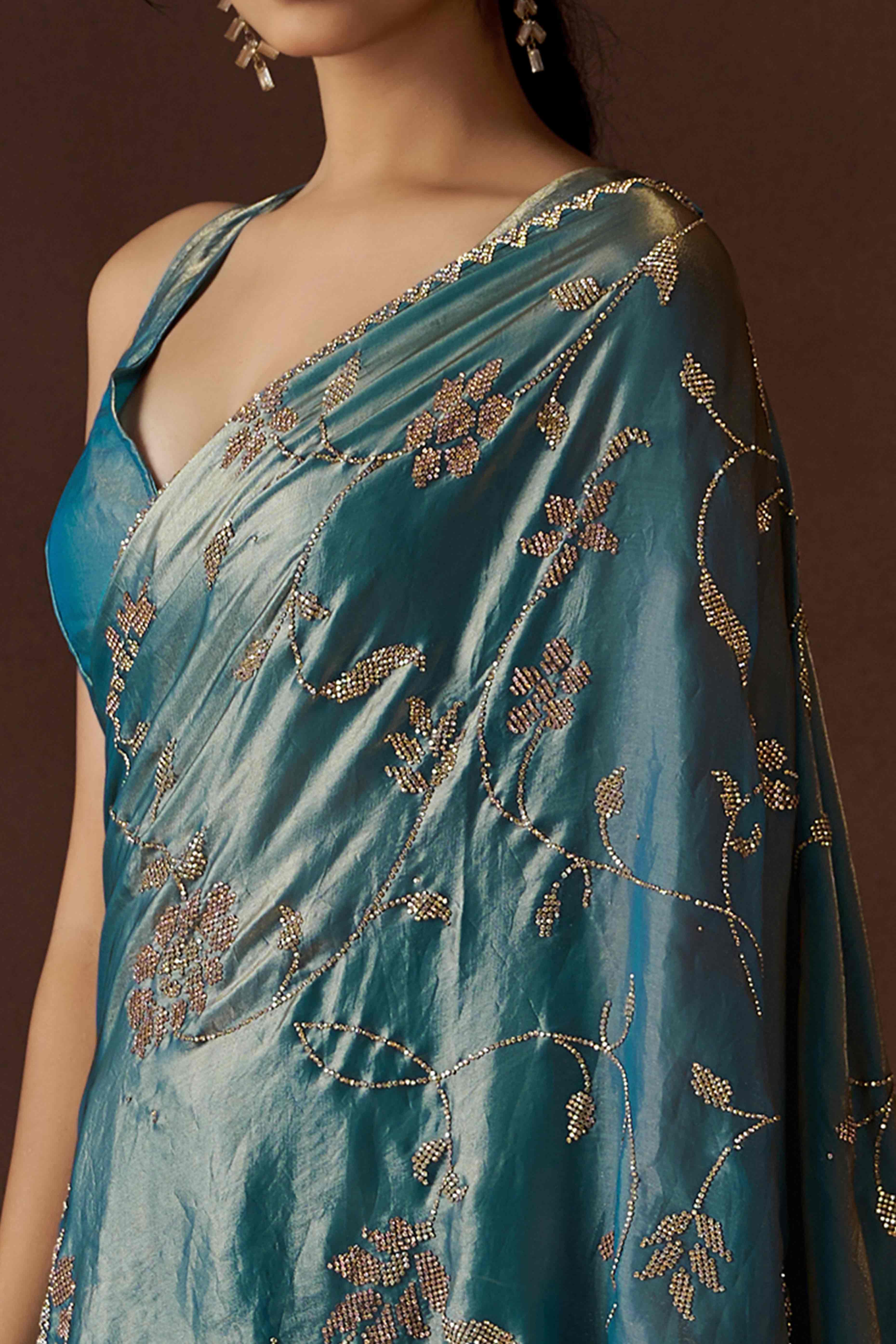 Sky Blue Satin Saree with Exquisite Stone Embellishments
