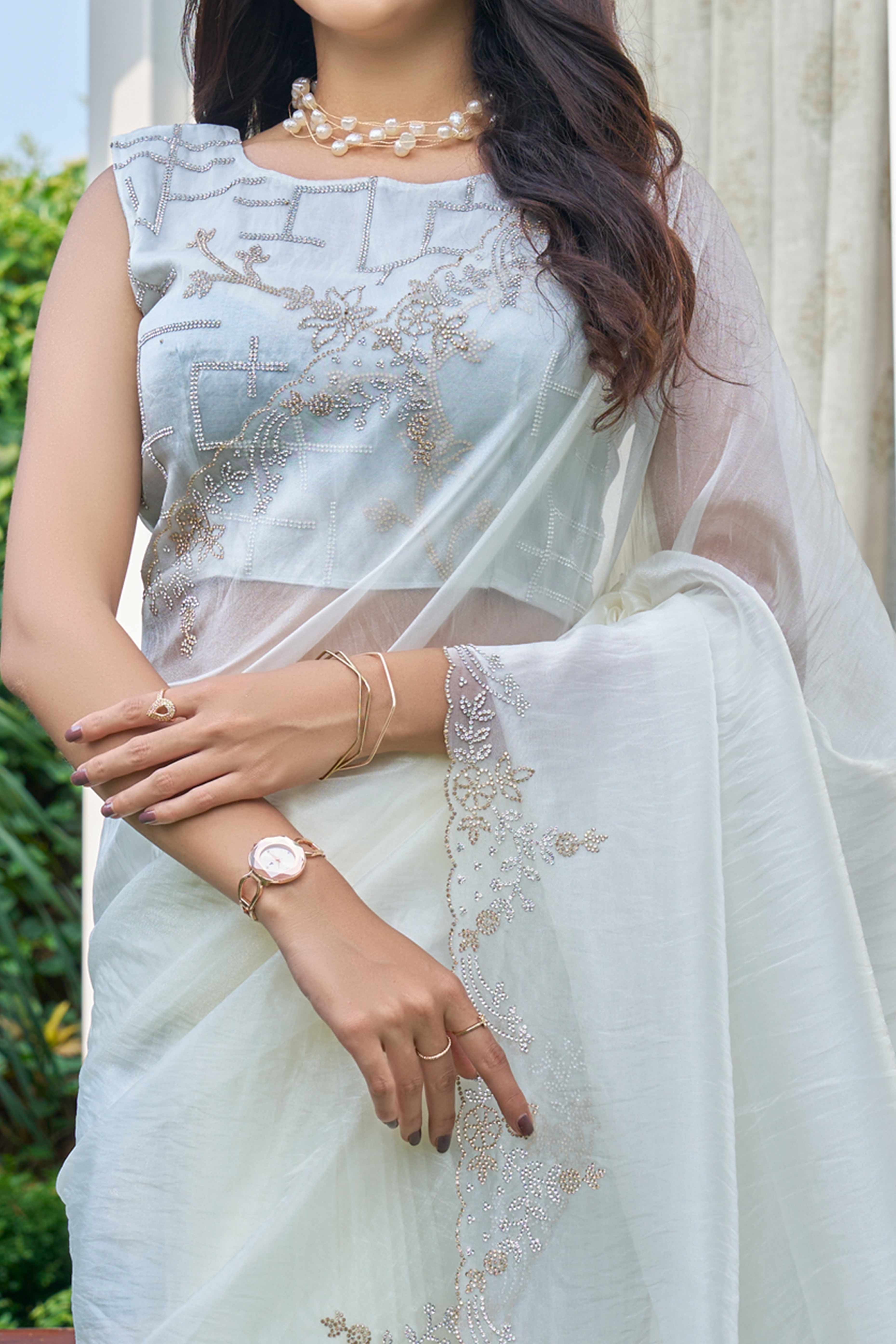 Off White Ethereal Organza Saree Adorned with Crystal Embellishments