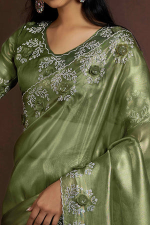 Green Floral Sequins With Zarkan Work Organza Saree