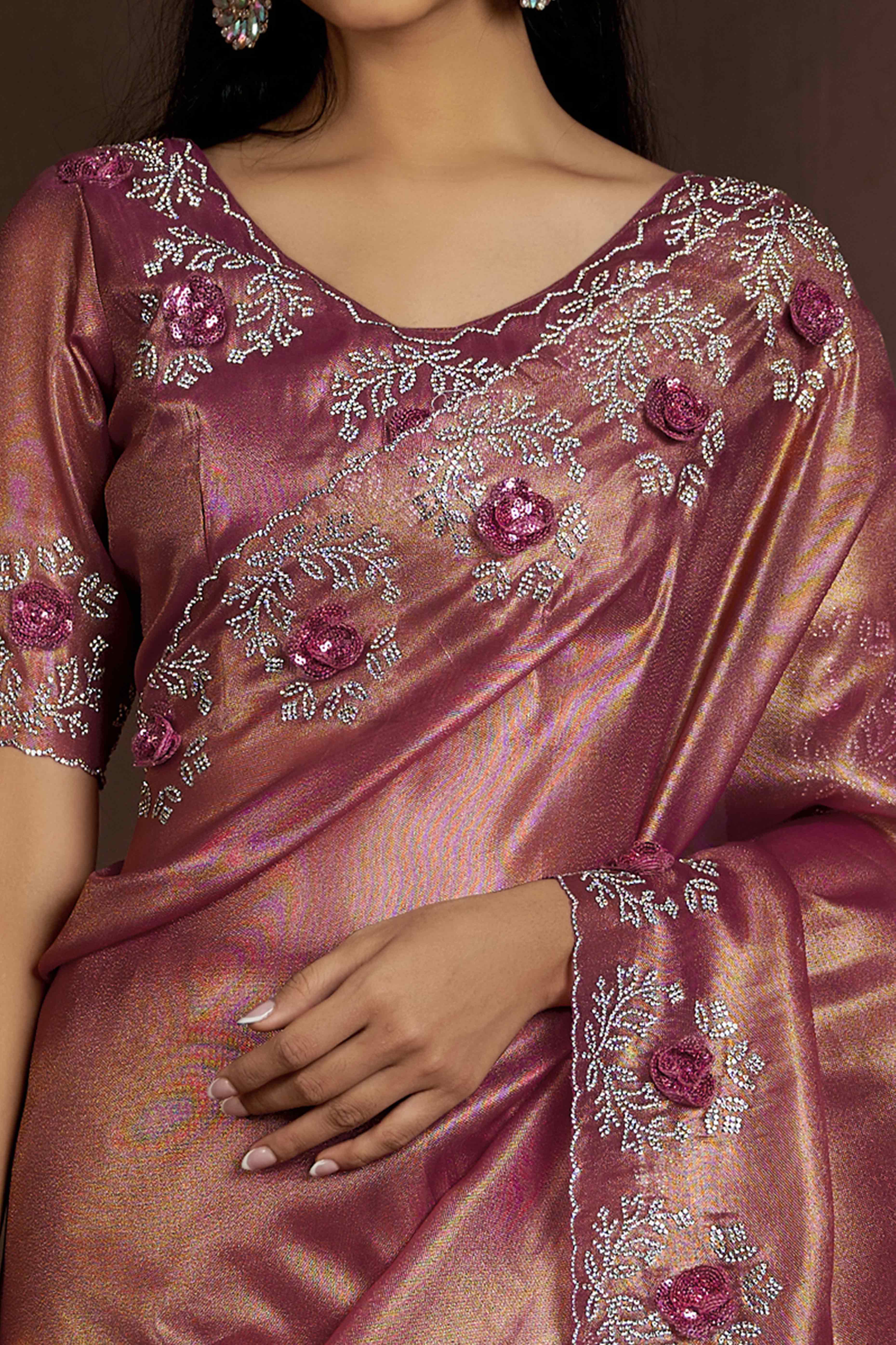 Onion Pink Floral Sequins With Zarkan Work Organza Saree