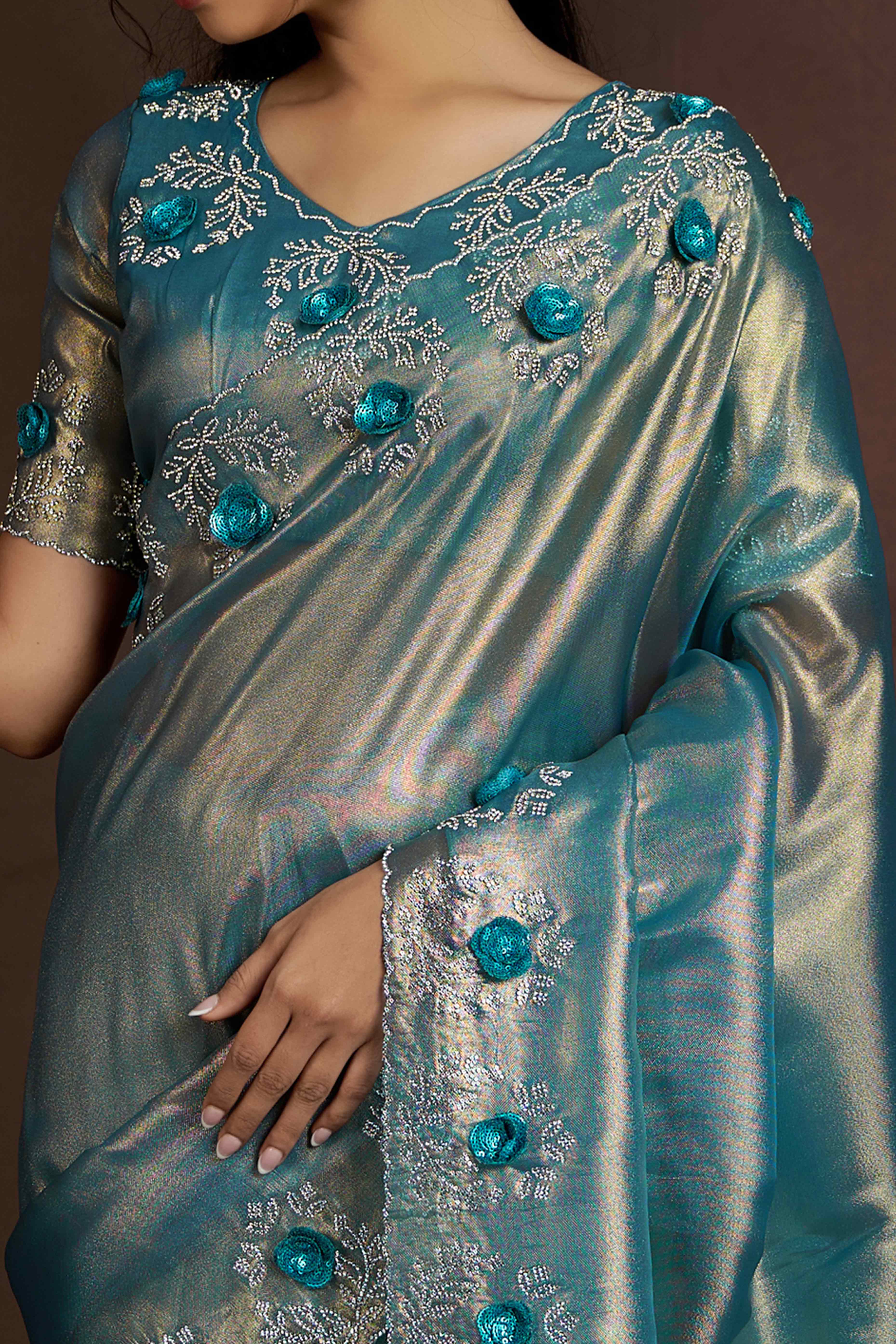 Blue Floral Sequins With Zarkan Work Organza Saree