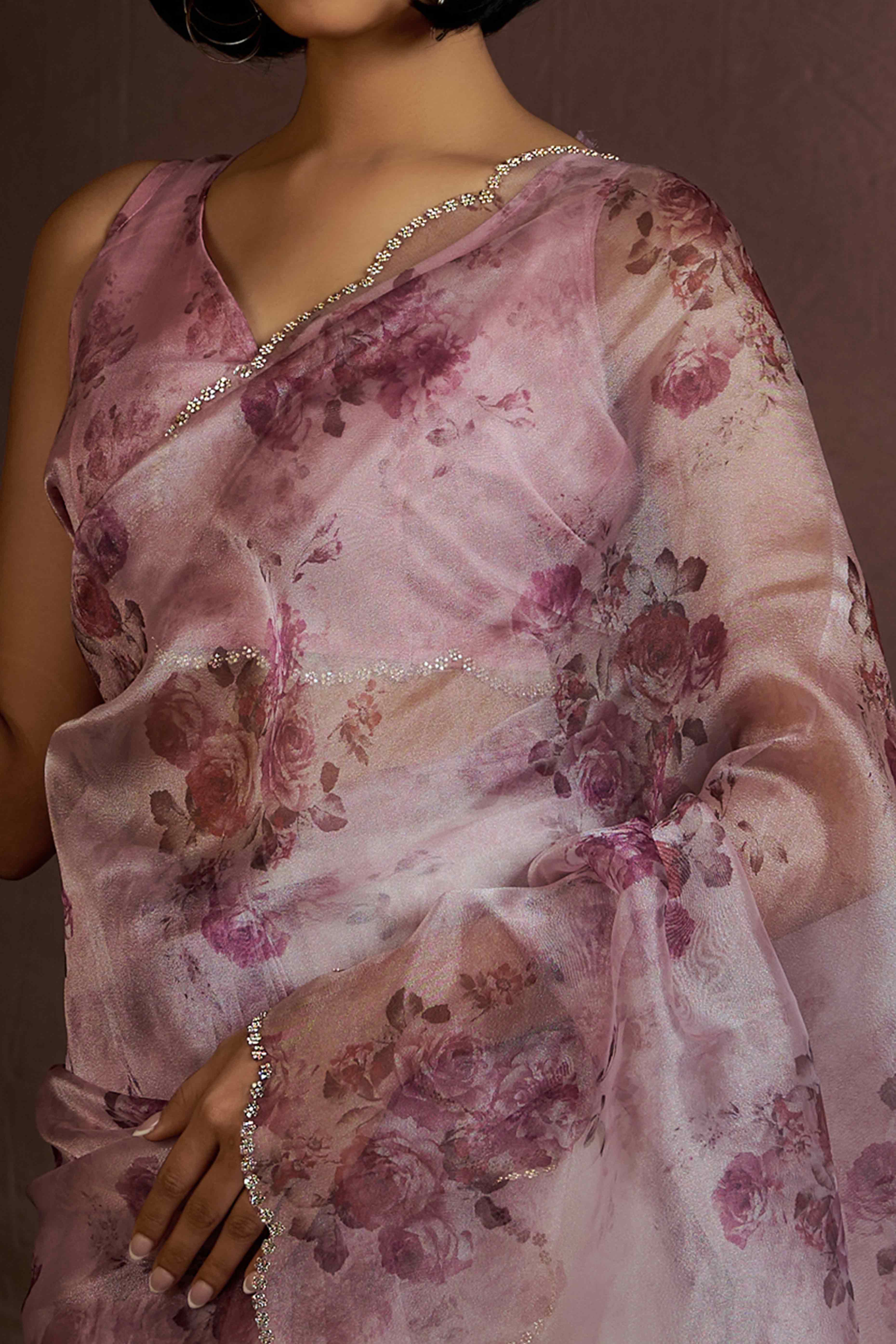 Pink Floral Printed Soft Organza Saree With Stone Work Border