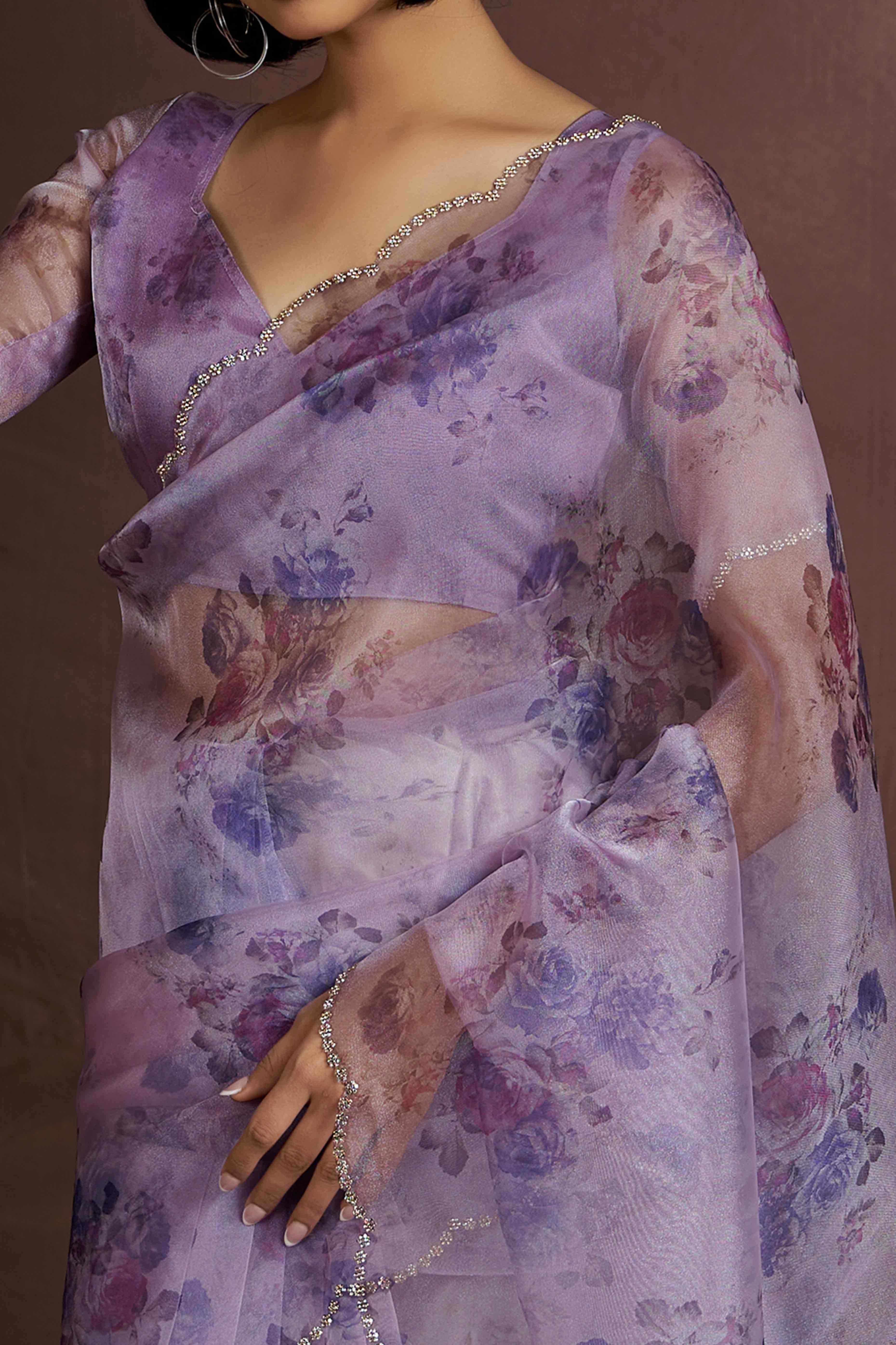 Purple Floral Printed Soft Organza Saree With Stone Work Border