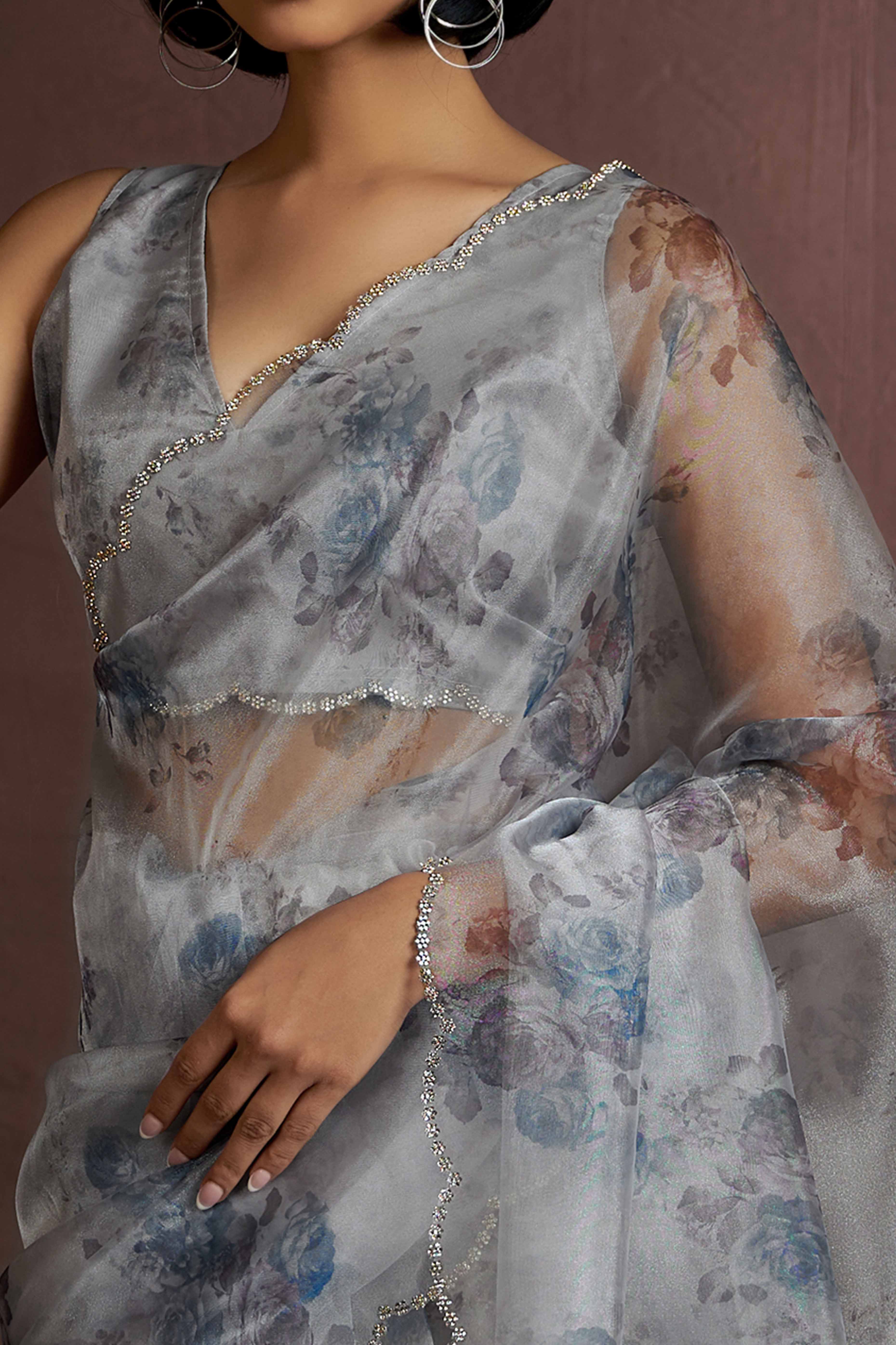 Grey Floral Printed Soft Organza Saree With Stone Work Border