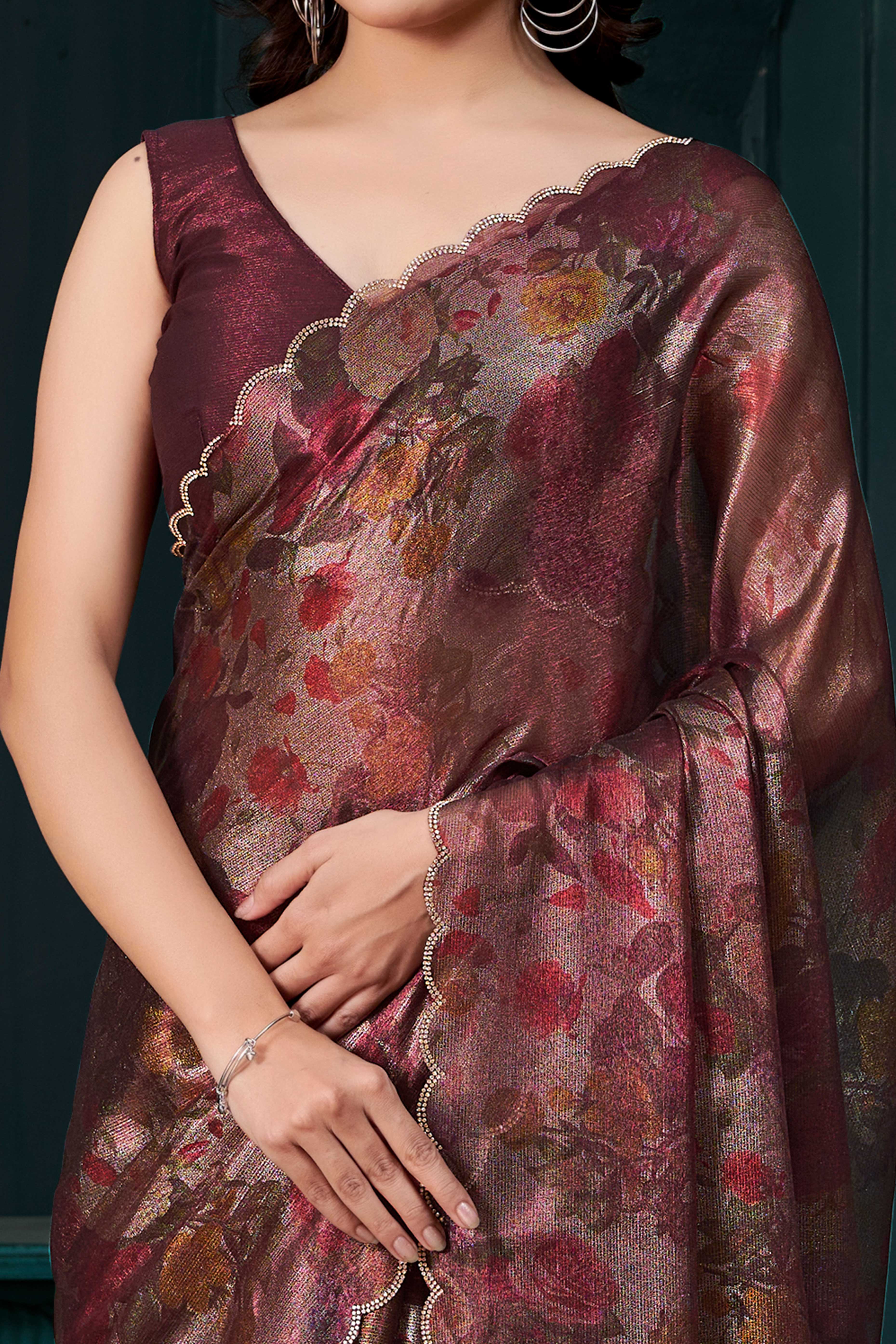 Maroon Partywear Saree in Smooth Chiffon Silk with Contemporary Floral Prints