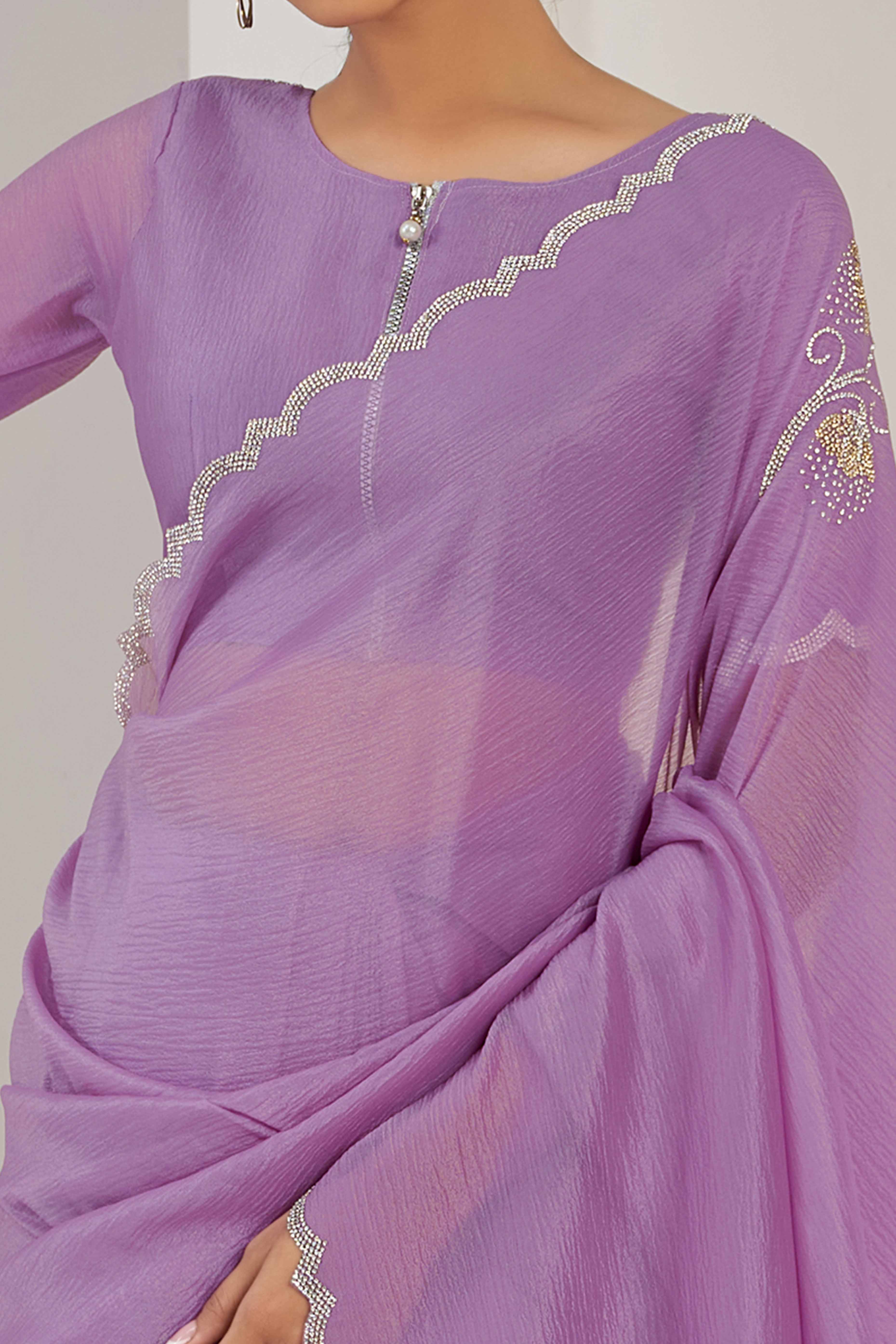 Purple Stone Work Embroidered Crepe Silk Saree