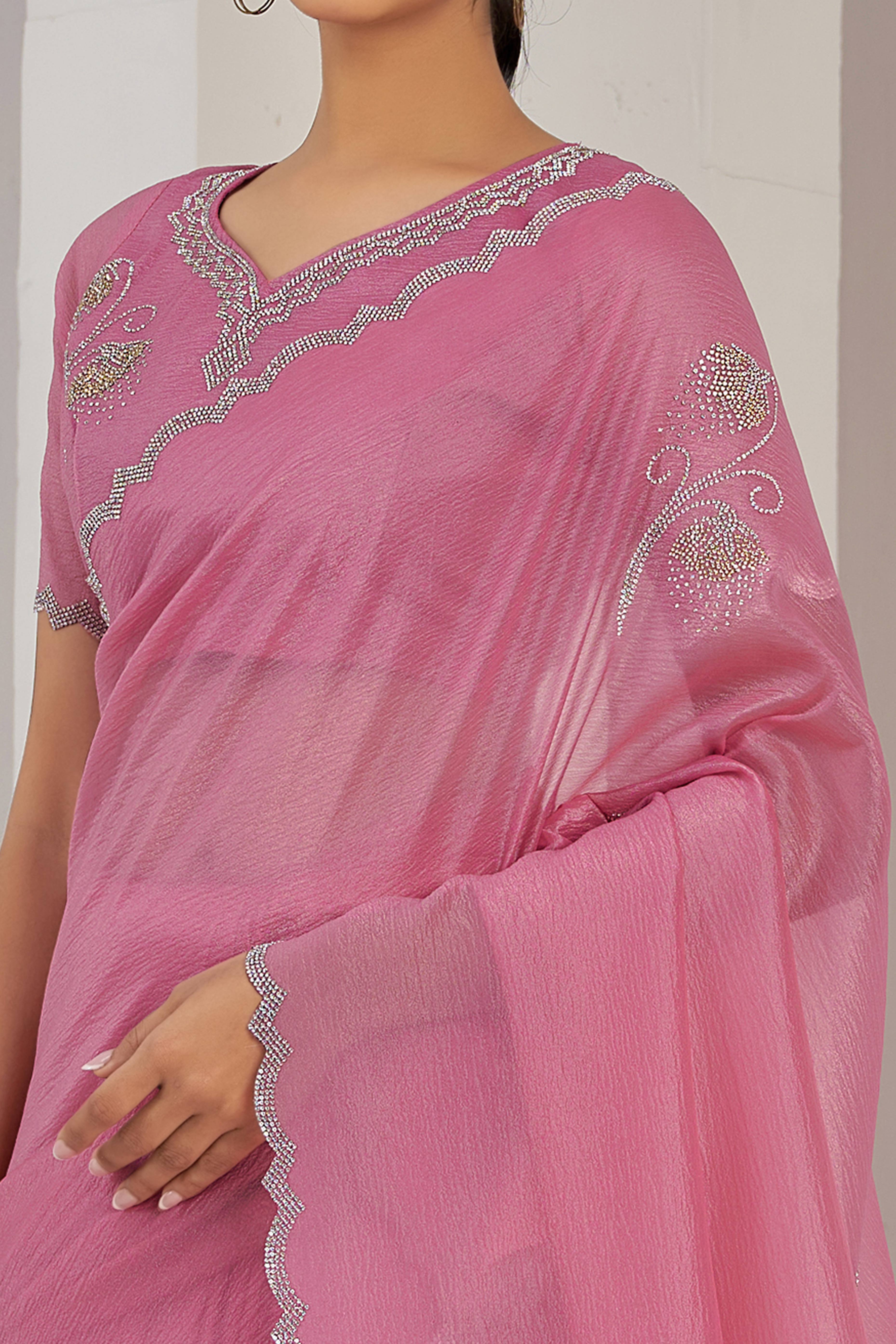 Onion Pink Stone Work Embroidered Crepe Silk Saree