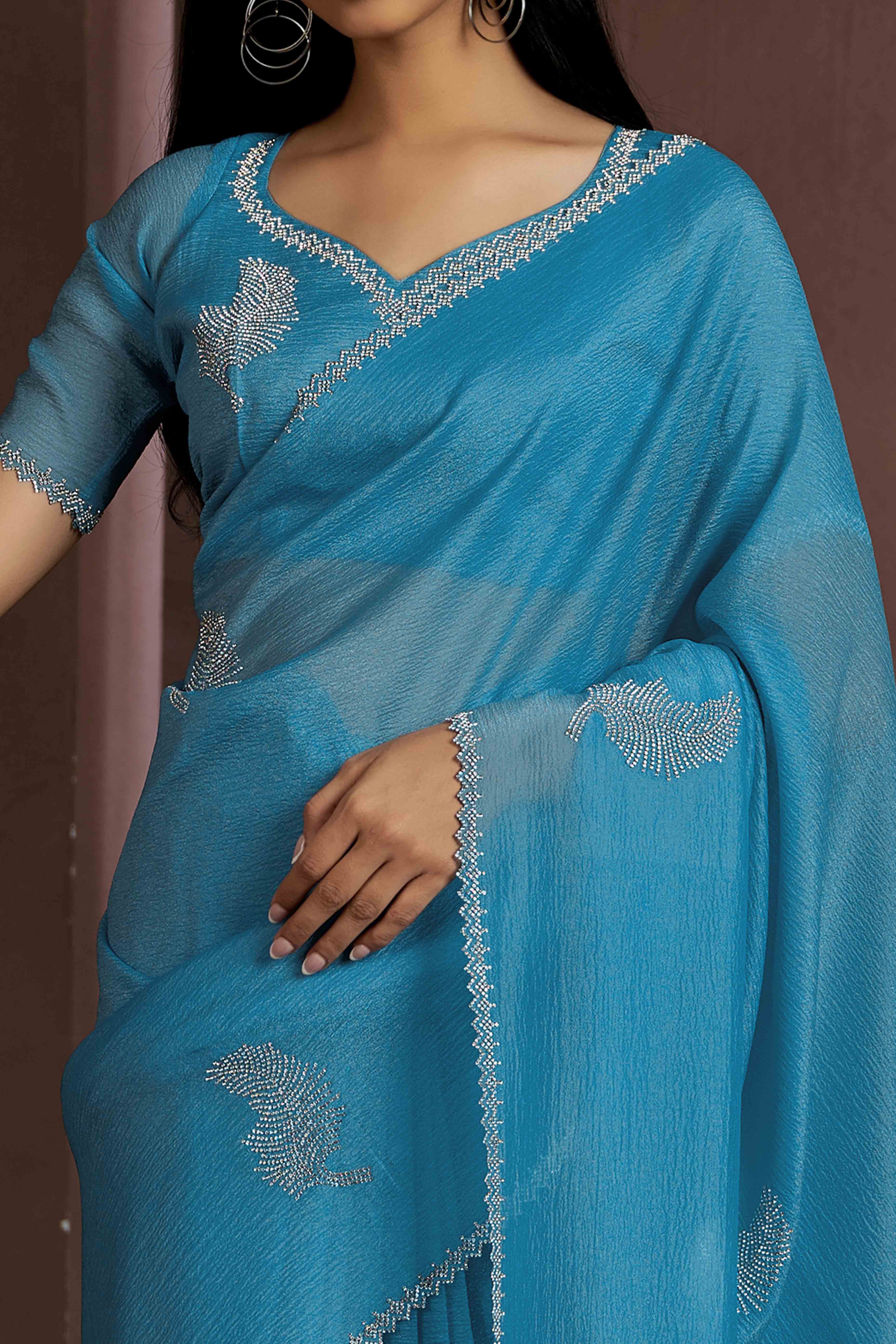 Sky Blue Stone Work Embroidered Pure Silk Saree