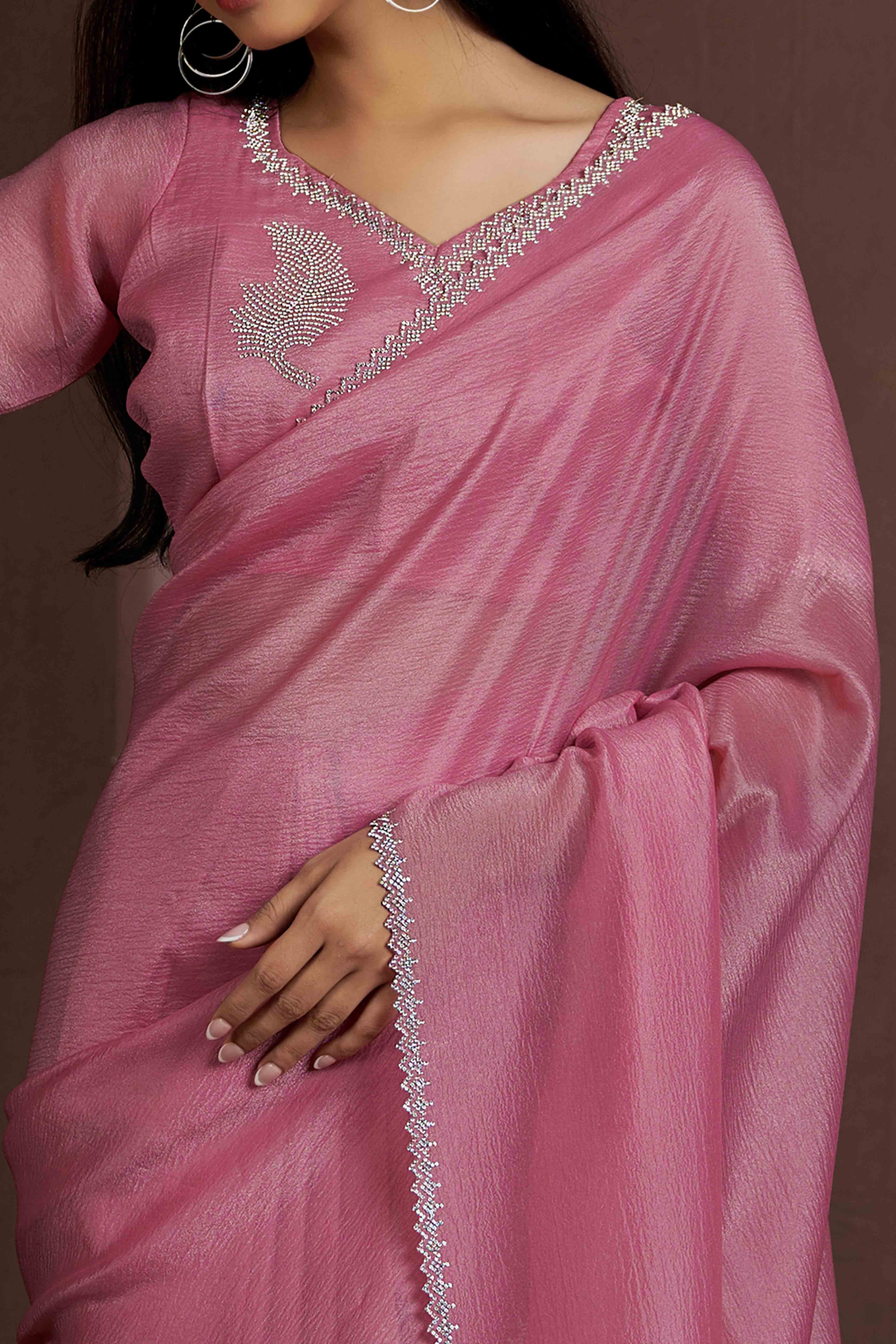 Onion Pink Stone Work Embroidered Pure Silk Saree