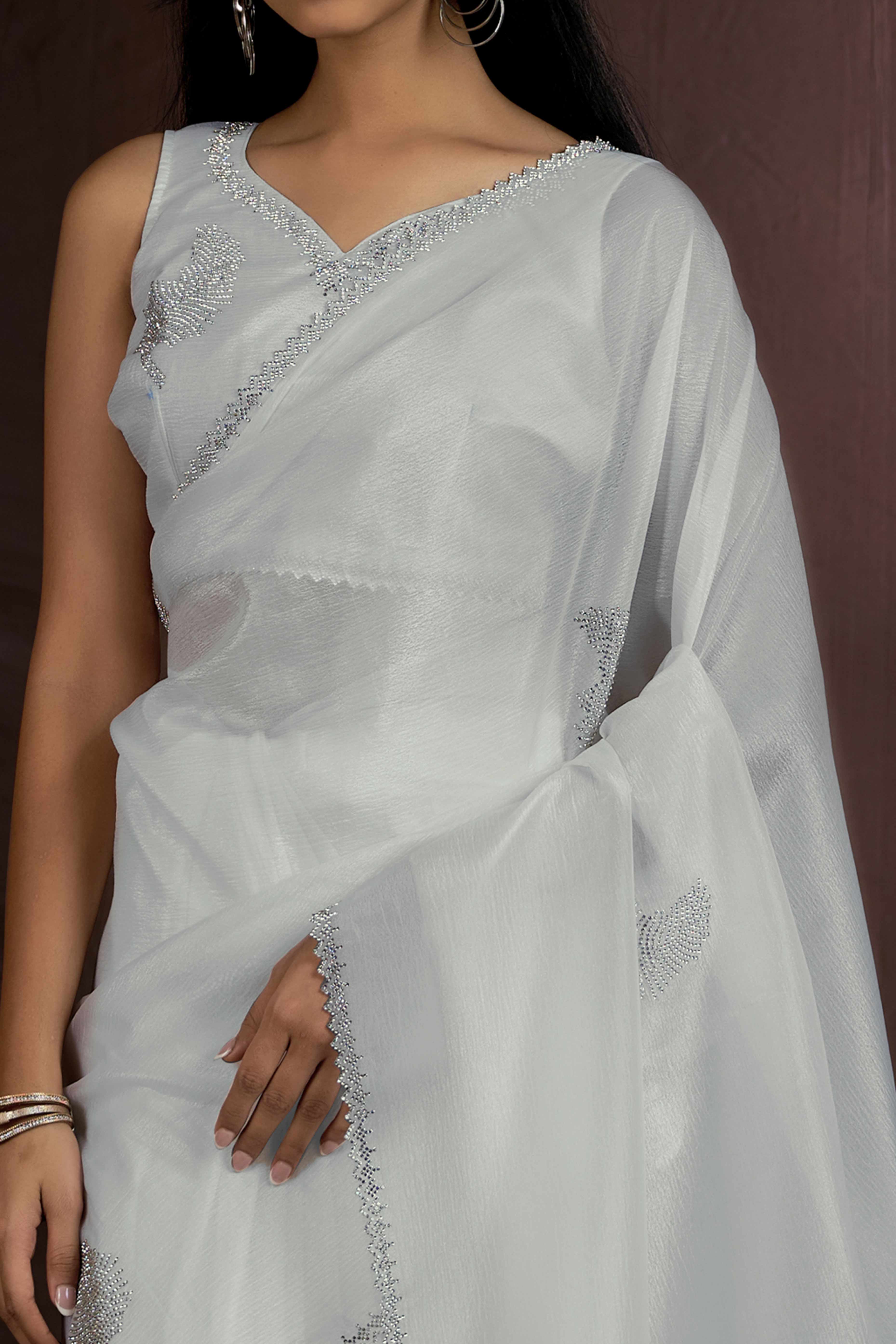 White Stone Work Embroidered Pure Silk Saree