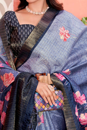 Blue Floral Soft Silk Blend Saree with Digital Prints