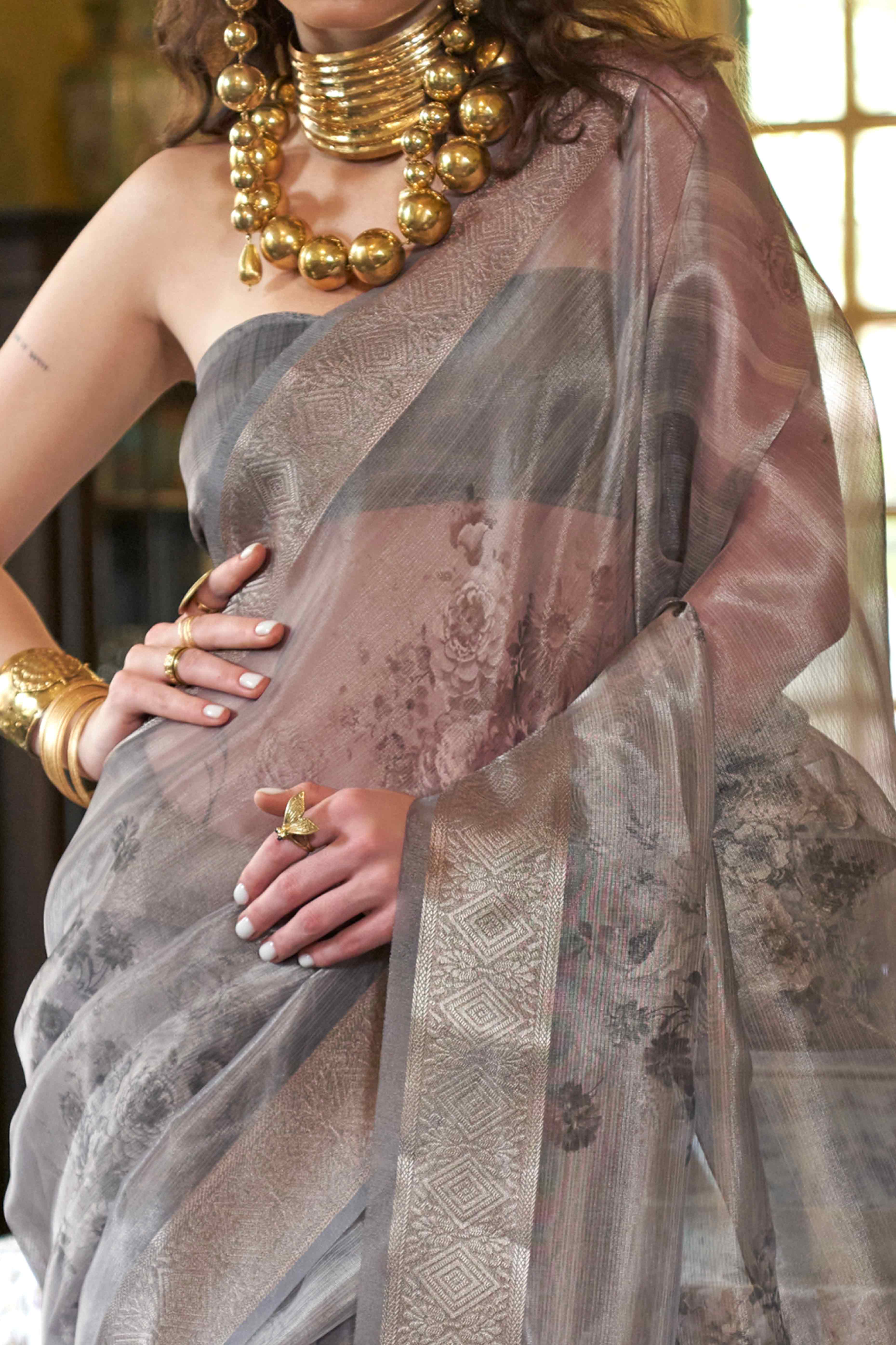 Grey Digital Printed Organza Saree With Woven Border