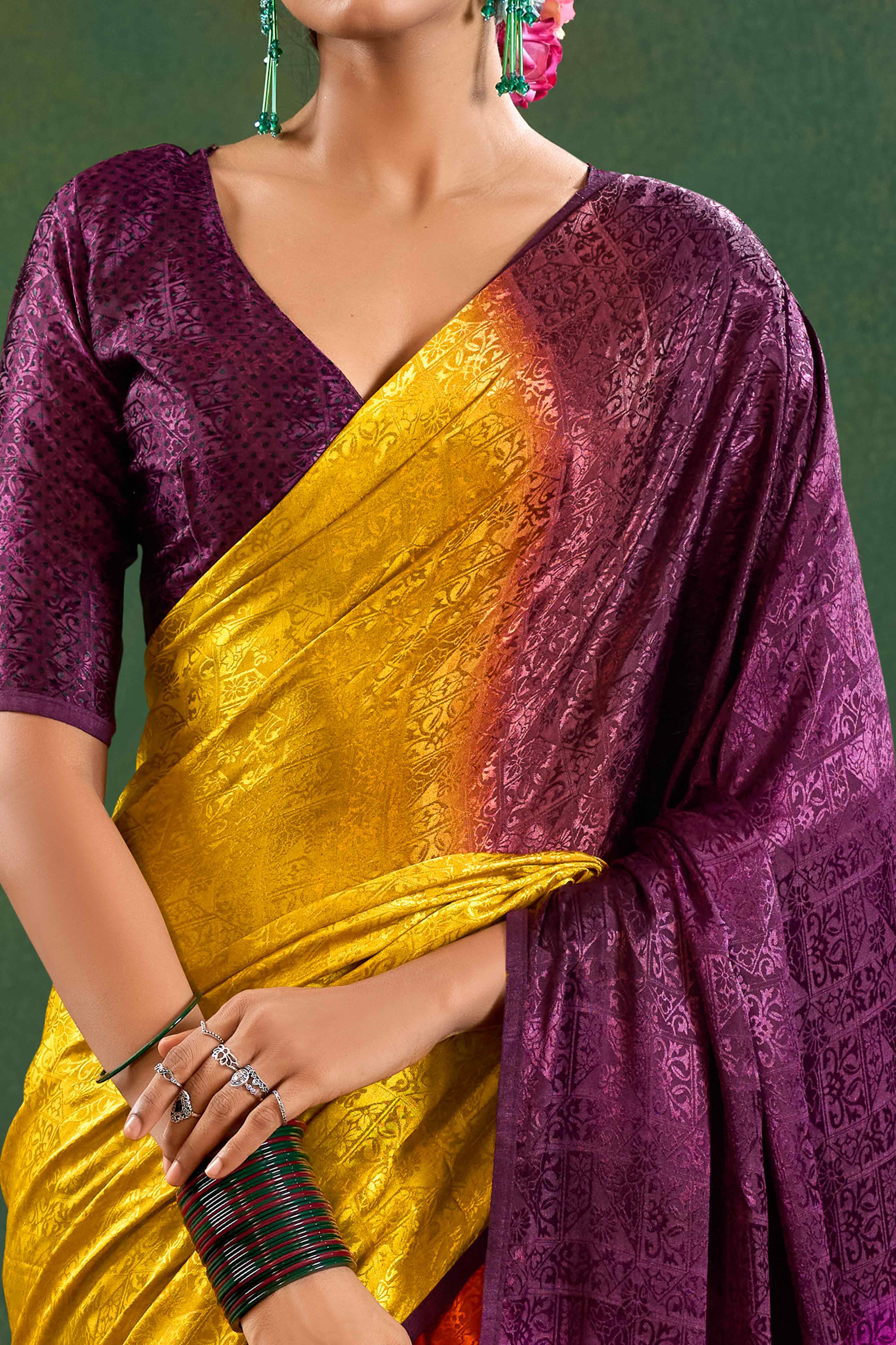 Wine Crepe Jacquard Saree with Vibrant Prints & Stone Work