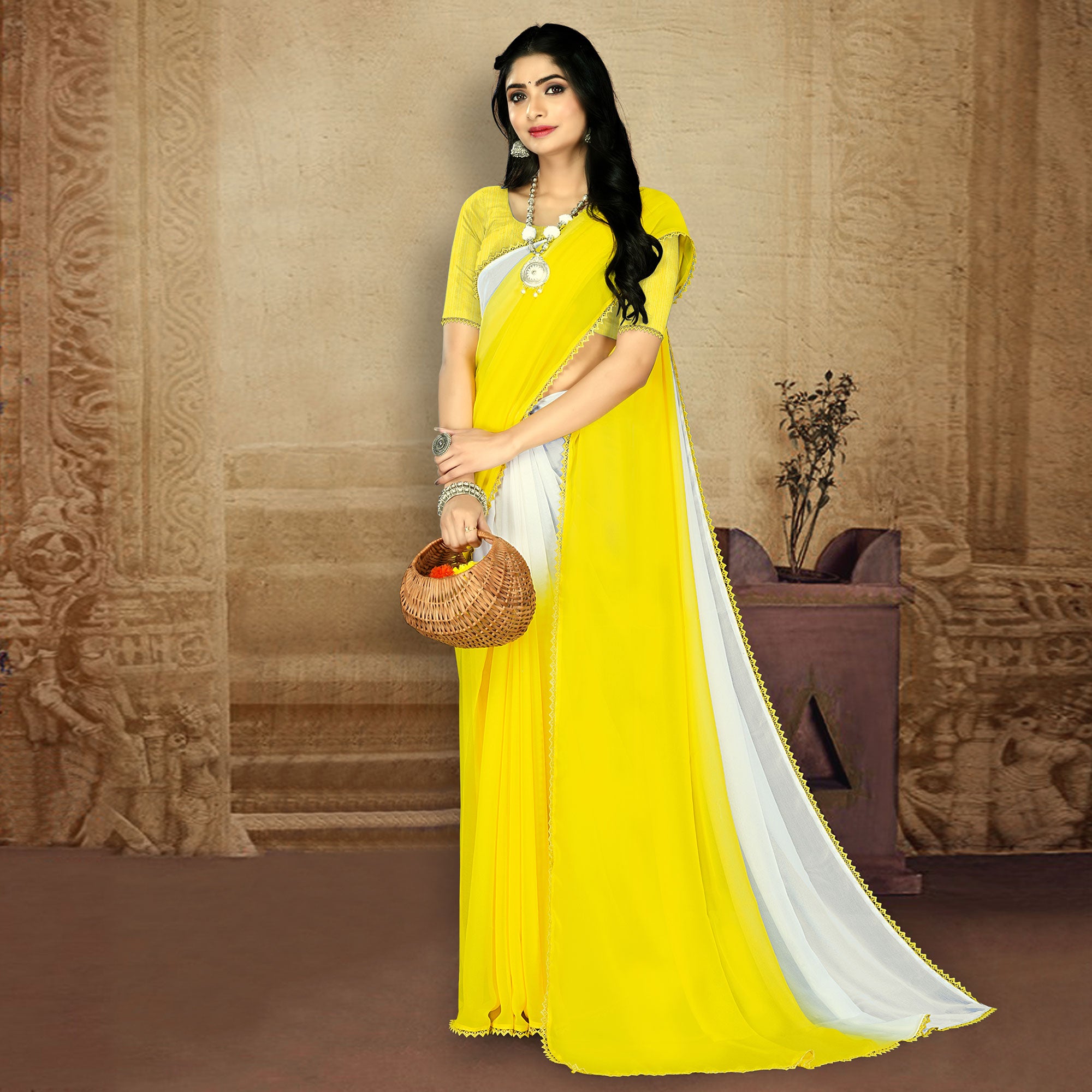 Yellow Solid Ombre Georgette Saree