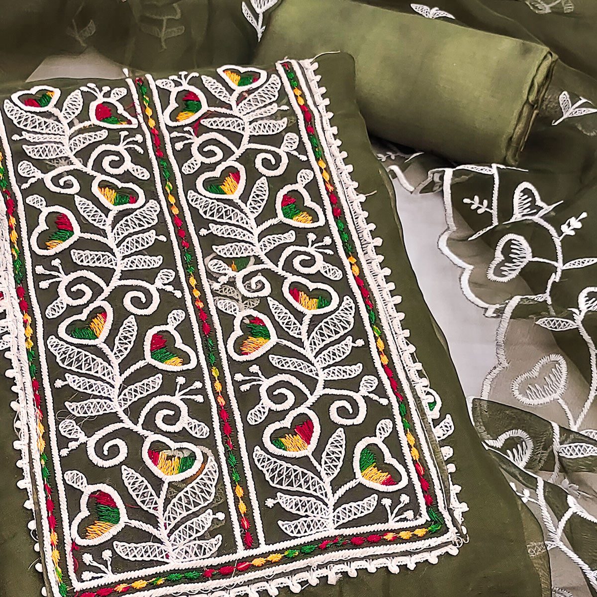 Mehendi Green Organza Dress Material With Intricate Floral Embroidery Work