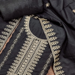 Black Cotton Blend Dress Material with Delicate Floral Zari Embroidery