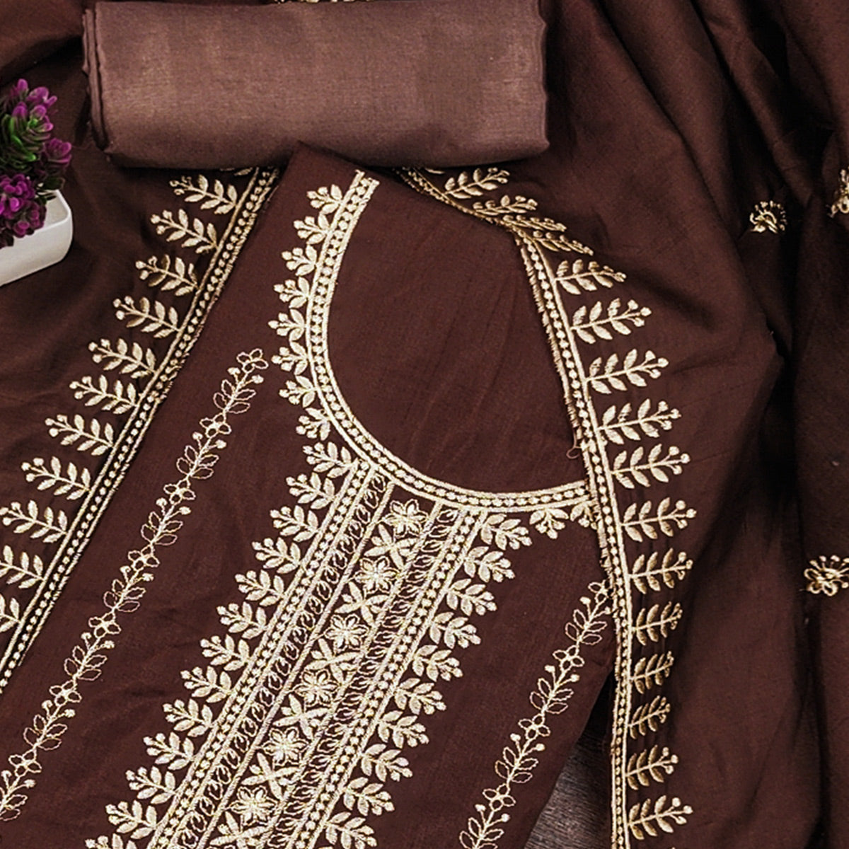 Brown Cotton Blend Dress Material with Delicate Floral Zari Embroidery