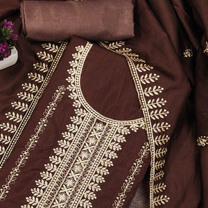 Brown Cotton Blend Dress Material with Delicate Floral Zari Embroidery