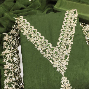 Green Vichitra Silk Dress Material Adorned With Floral Cording Embroidery & Sparkling Sequins Work