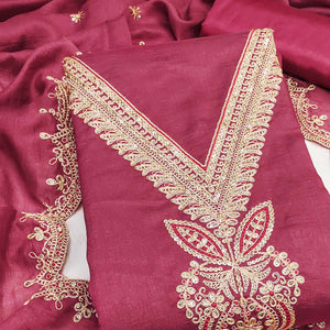 Pink Floral Embroidered Vichitra Silk Dress Material Enhanced With Detailed Cording & Sequins Work