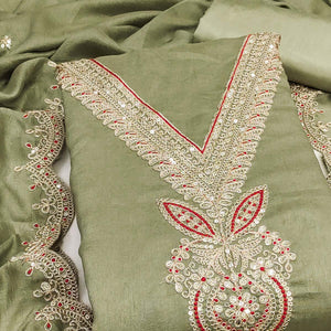 Green Floral Embroidered Vichitra Silk Dress Material Enhanced With Detailed Cording & Sequins Work