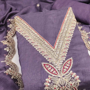 Purple Floral Embroidered Vichitra Silk Dress Material Enhanced With Detailed Cording & Sequins Work