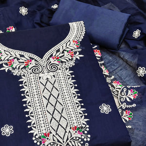 Navy Blue Cambric Cotton Dress Material With Elegant Floral Embroidery Work