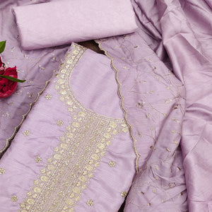 Lavender Cotton Silk Unstitched Dress Material Featuring Delicate Jalpari Embroidery