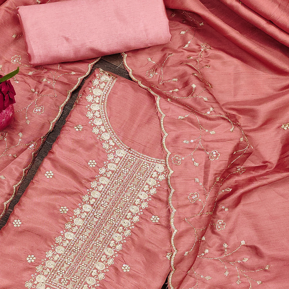 Soft Peach Cotton Silk Unstitched Dress Material Featuring Delicate Jalpari Embroidery