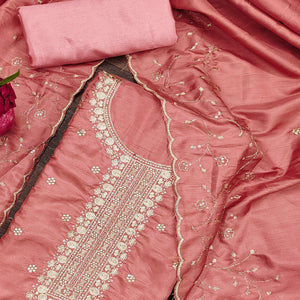 Soft Peach Cotton Silk Unstitched Dress Material Featuring Delicate Jalpari Embroidery