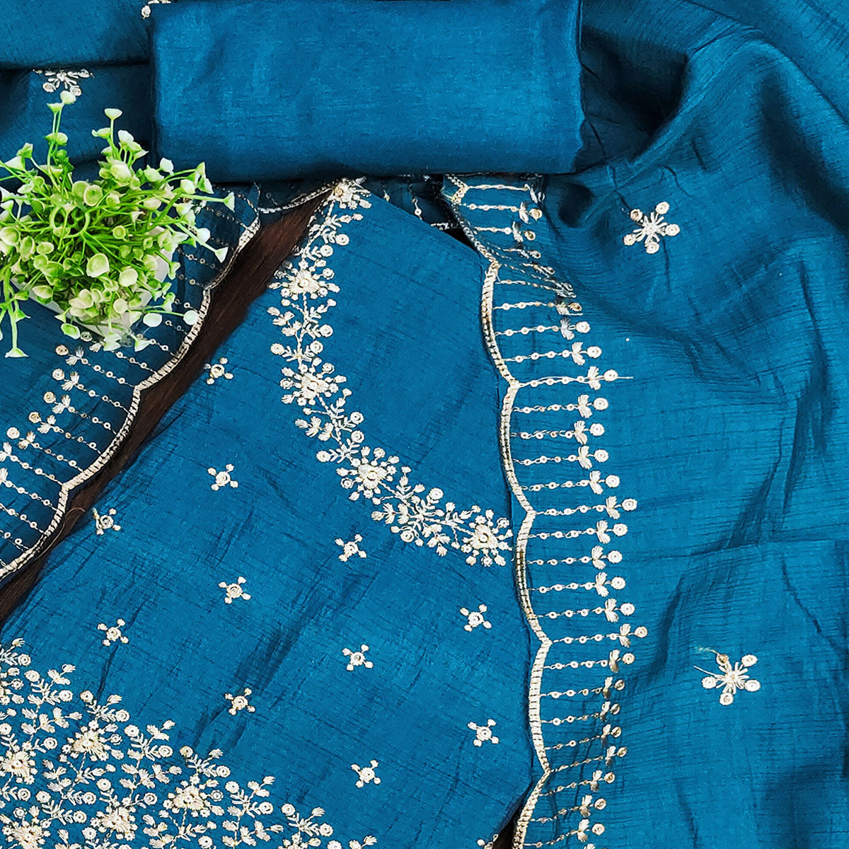 Blue Cotton Silk Dress Material with Traditional Jalpari Embroidery