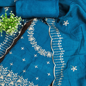 Blue Cotton Silk Dress Material with Traditional Jalpari Embroidery