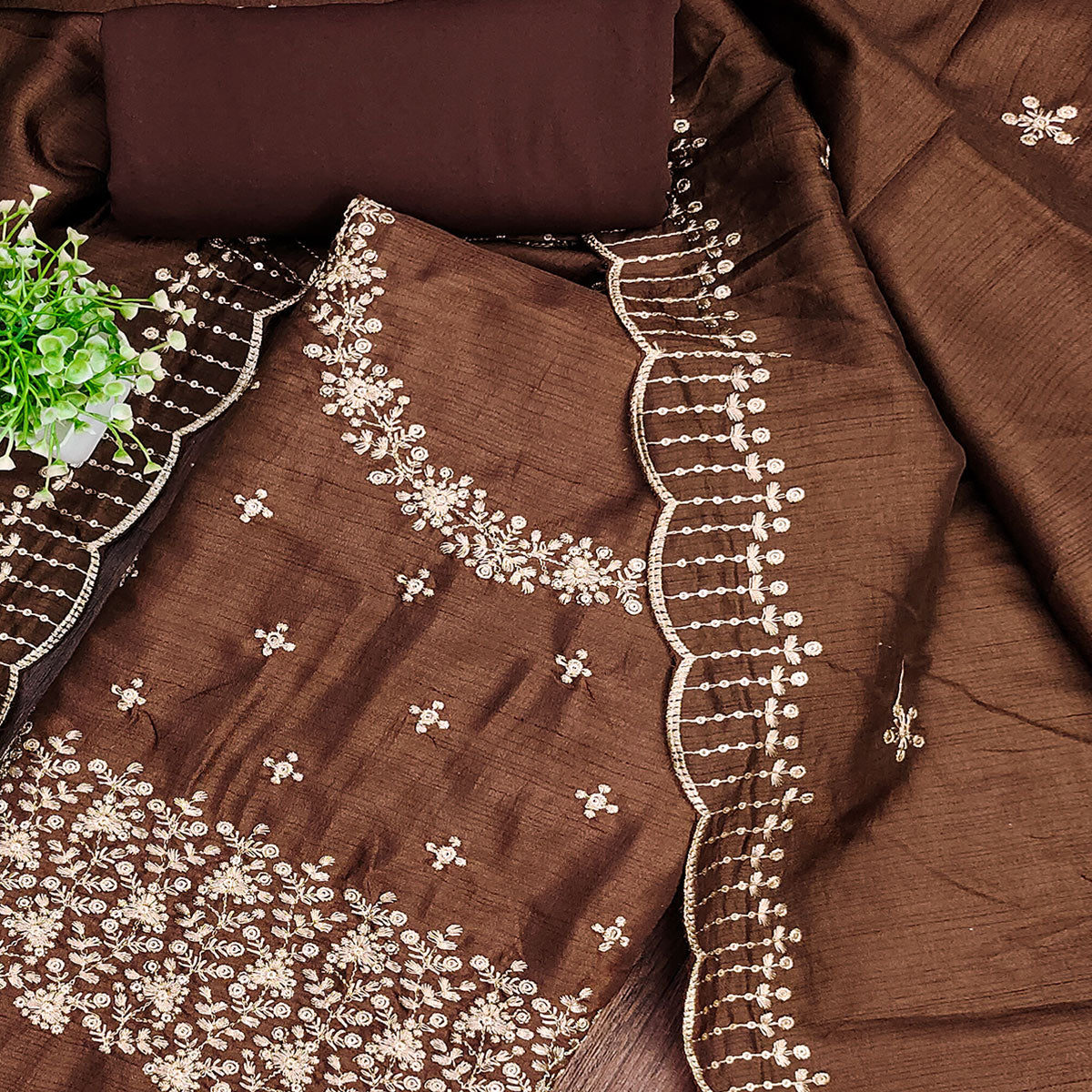 Brown Cotton Silk Dress Material with Traditional Jalpari Embroidery