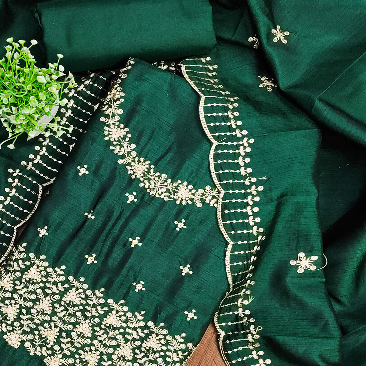Green Cotton Silk Dress Material with Traditional Jalpari Embroidery