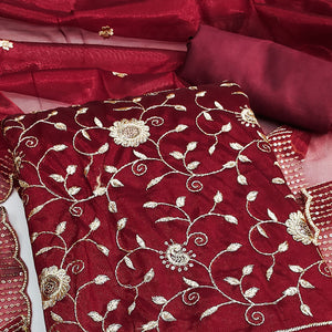 Maroon Unstitched Suit Material with Fine Floral Embroidery on Sheer Twill Net