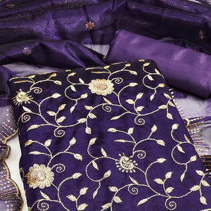 Royal Purple Unstitched Suit Material with Fine Floral Embroidery on Sheer Twill Net