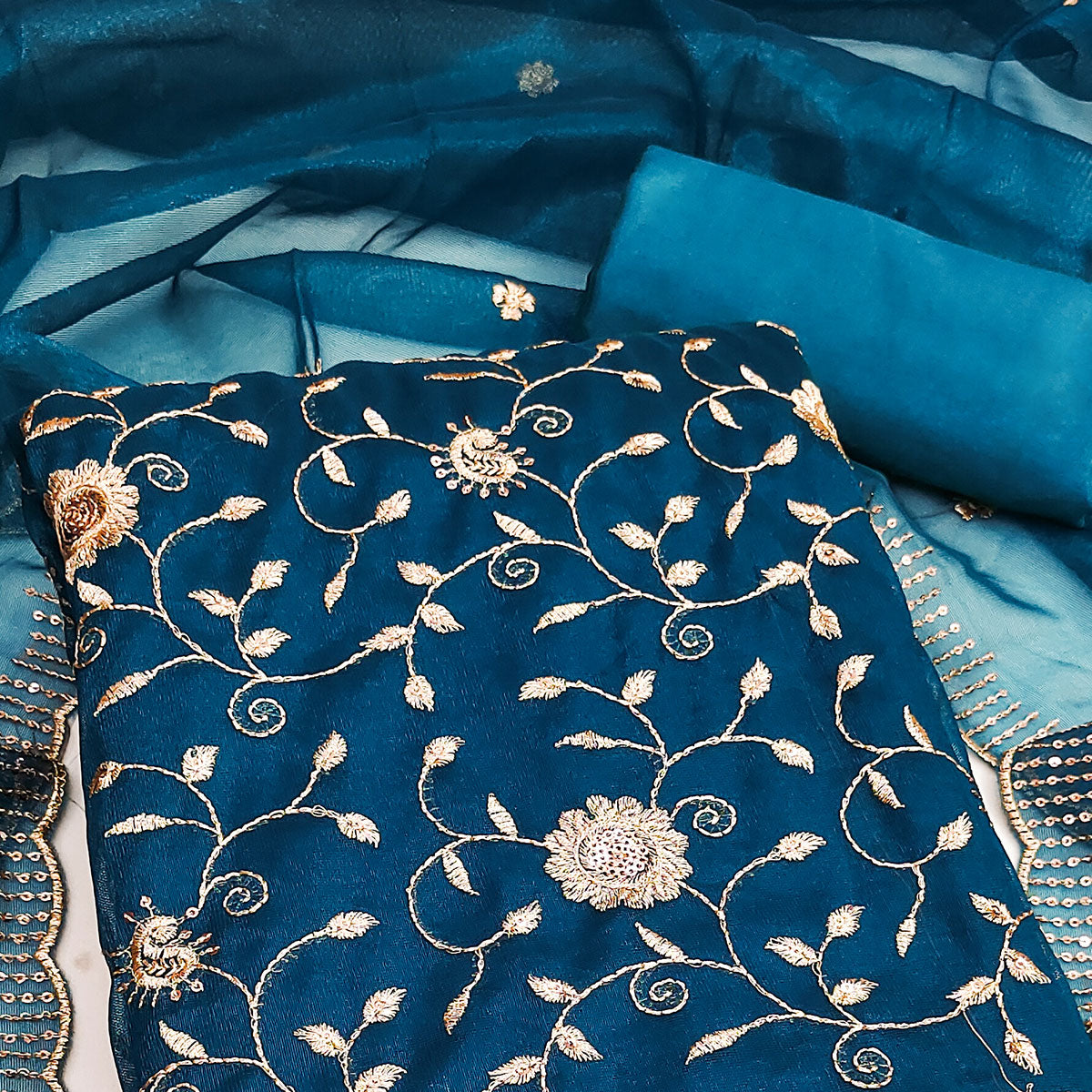 Teal Unstitched Suit Material with Fine Floral Embroidery on Sheer Twill Net