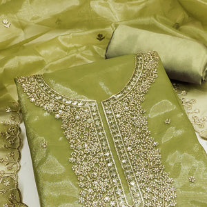 Green Designer Suit Material in Sheer Twill Net with Thread Embroidered Patterns