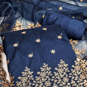 Blue Ethnic Twill Net Dress Material Embellished with Ornate Thread Embroidery