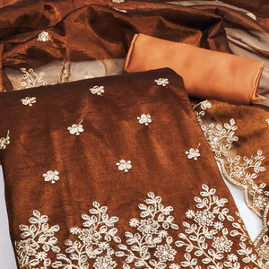 Brown Ethnic Twill Net Dress Material Embellished with Ornate Thread Embroidery