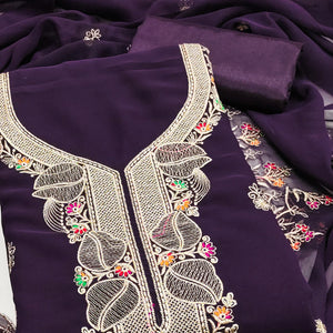 Dark Purple Georgette Dress Material Adorned With Floral Embroidery & Elegant Lace Border